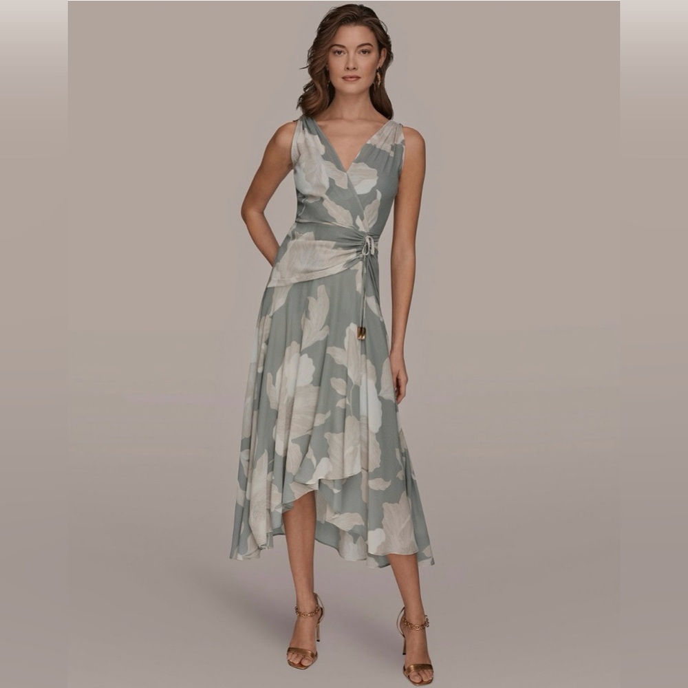 Donna Karan Women's Faux-Wrap Sleeveless Dress. Sz 10. Weathered Sage/Cream
